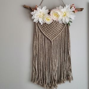 Macrame Wall Hanging Gray with Natural Wood and Flowers